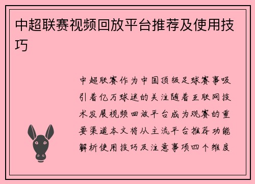 中超联赛视频回放平台推荐及使用技巧